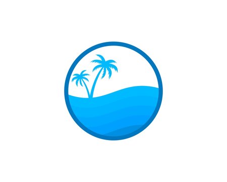 Waves with palm tree inside the blue circle