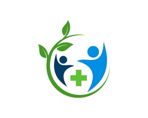 Circle leaf with healthy peoples with medical symbol