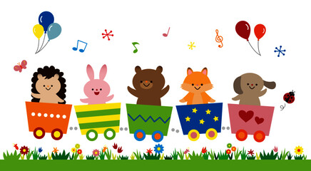 列車に乗り草原を走る動物たち