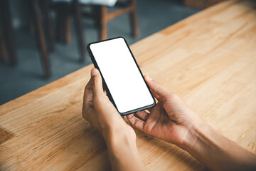 Asian business woman  hand using and touching smart phone with white blank empty screen.