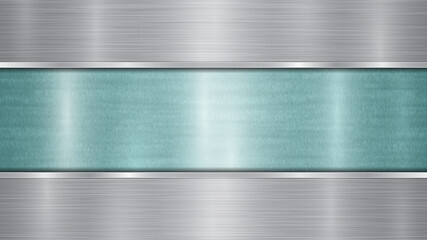 Background consisting of a light blue shiny metallic surface and two horizontal polished silver plates located above and below, with a metal texture, glares and burnished edges