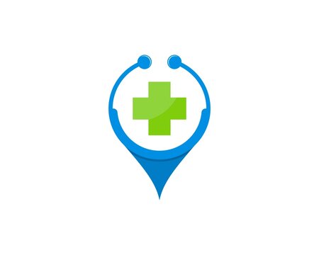 Stethoscope and pin location with medical symbol ins the middle