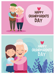 cute happy grandparents with little kids characters