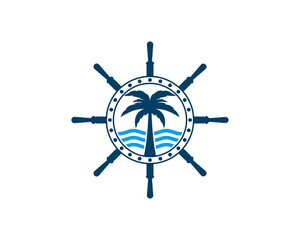 Obraz premium Ship steering wheel with palm tree and wave