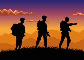military soldiers silhouettes figures in the camp sunset scene