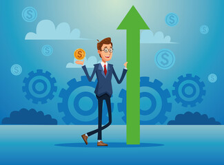 elegant businessman with arrow up and coin financial icons