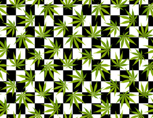Marijuana leaf and green seamless pattern Black and white square color background.