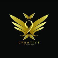 Number 9 Luxury Gold Thin Wing Logo Template