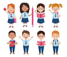 little students group with uniforms characters