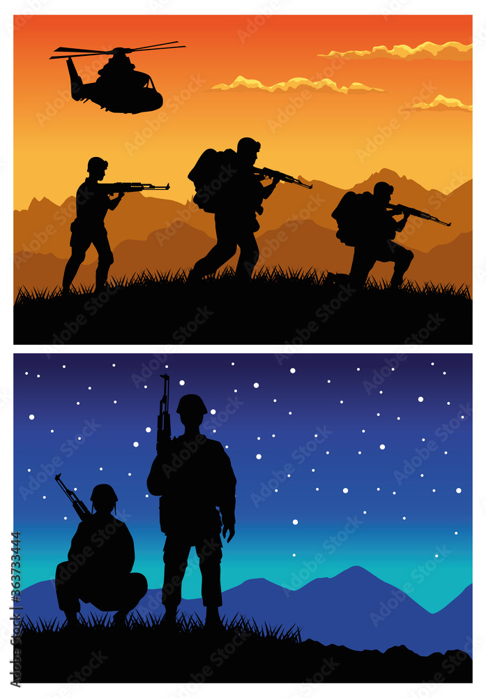 Wall mural military soldiers with guns and helicopters silhouettes