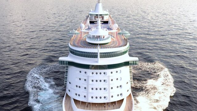 Aerial view of the cruise tourist liner in open water, front view. Stock photorealistic 3d animation. Front part ship sailing in ocean.