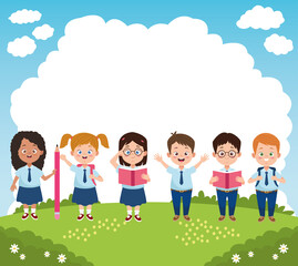 little students group with uniforms in the camp characters