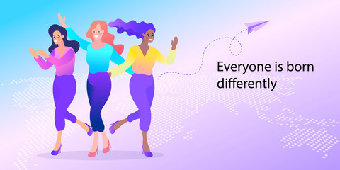 Different ethnicity women - Caucasian, African, Asian. nternational Women's Day. Vector flat illustration.