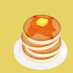 Illustration of pancakes on a plate (with maple syrup and butter)