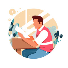 portrait of a man reading a book, flat design concept, vector illustration