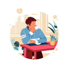 portrait of a man drinking tea with a cup, flat design concept, vector illustration