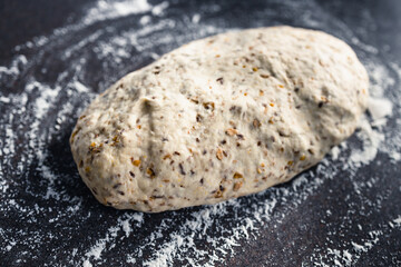 simple food ingredients, homemade sourdouhg bread on kitchen counter