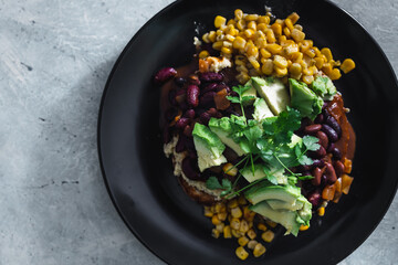 plant-based food, vegan mexican-inspired beans corn and avocado toast