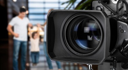 Professional video camera with actors on background