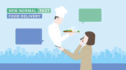 Fast speed concept. Online food delivery. The chef gets through a smartphone from a mobile application.