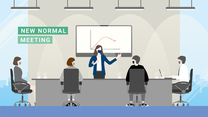 Business people wearing masks. Presentation in the meeting room for problem-solving from business crisis economics down.