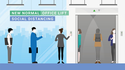 New normal lifestyle. Social distancing in the office lift hall.