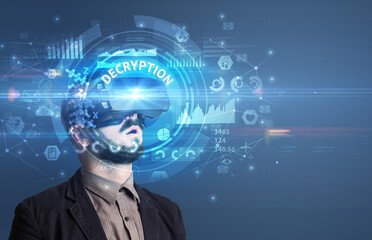 Businessman looking through Virtual Reality glasses with DECRYPTION inscription, innovative technology concept
