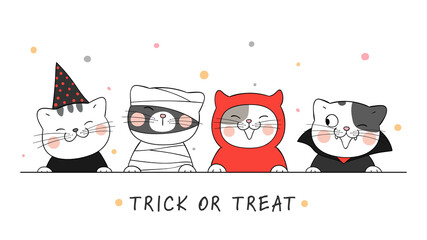 Draw cat in devil,witch,mummy and Dracula costume.For Halloween.