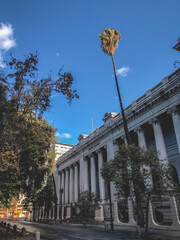 Santiago downtown with trees, palms and the National Library of Chile in a sunny day with blue sky