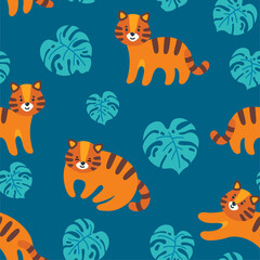 Seamless pattern with cute tigers and monstera leaves in blue background. Exotic plant and cat. Vector illustration in flat style