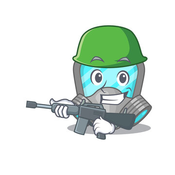 A cartoon picture of Army respirator mask holding machine gun