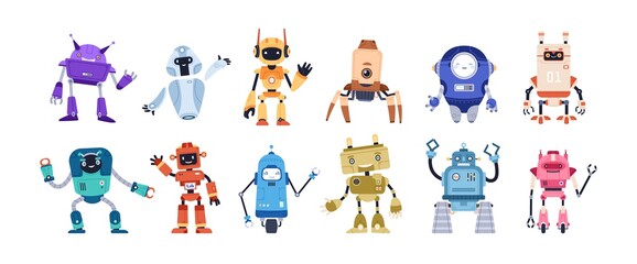 Set of happy funny cartoon childish robots wave hand, say hello. Cute kid cyborgs, retro, futuristic modern bots, android, smiling characters in flat vector illustration isolated on white background. - obrazy, fototapety, plakaty