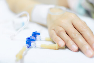 Close up of a woman patient in hospital with saline intravenous