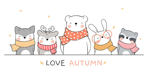 Draw banner happy animals for autumn season.