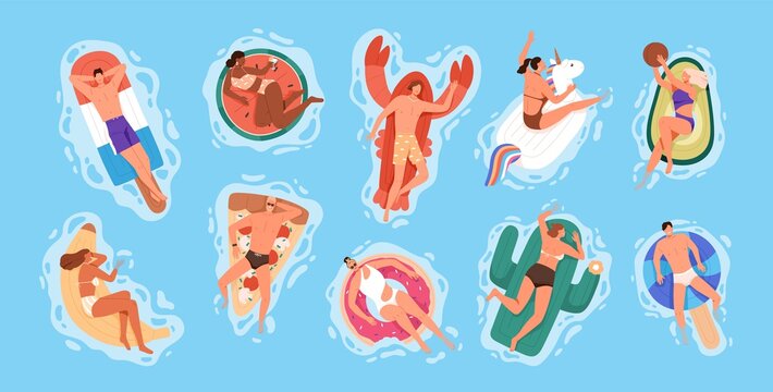 Set of resting people sunbathe on rubber rings, in sea or swimming pool. Inflatable circle of avocado, bite donut, unicorn, crab, banana, watermelon shapes in cartoon flat vector illustration