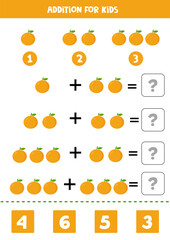 Addition with cartoon oranges. Math game for kids.