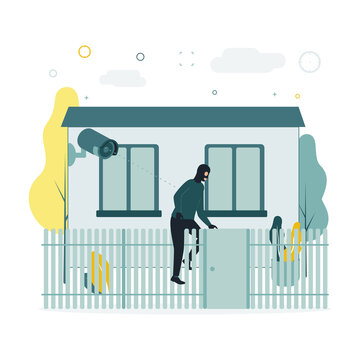 Video monitoring. A vector illustration of a masked man climbing over a fence, a surveillance camera is shooting this. The camera shoots as a man in a mask climbs through the fence of a house