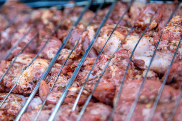Raw marinaded juicy pork meat in grill grates. Fresh food prepared for barbeque. Summer cooking outdoors
