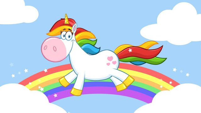 Smiling Magic Unicorn Cartoon Mascot Character Running Around Rainbow With Clouds. 4K Animation Video Motion Graphics With Background