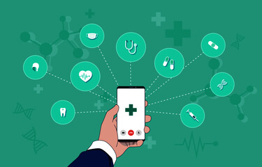Telemedicine illustration: health care service, online medicine with smartphone, medical consultation with doctor by videocall, hand holding mobile phone