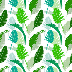 Floral seamless pattern with palm leaves. Hand drawn sketch style. Green silhouette on white background.