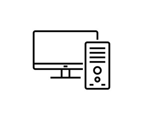 Desktop computer and processor. Vector outline icon.