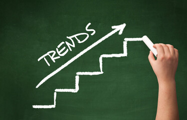 Hand drawing TRENDS inscription with white chalk on blackboard, business concept