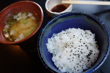 Japanese food bowl of rice and miso soup. Gourmet photo for blog story.