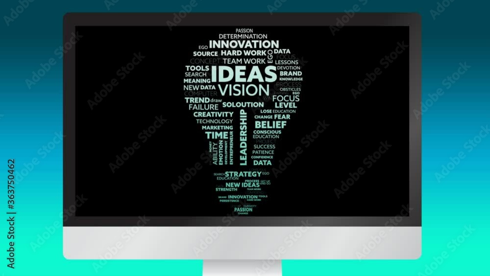Poster animation of a light bulb made up of words on a computer screen
