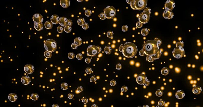 Yellow glowing spots and billiards balls moving against black background 