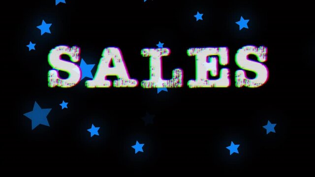 Sales text and blue stars moving against black background