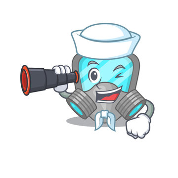A cartoon picture of respirator mask Sailor using binocular