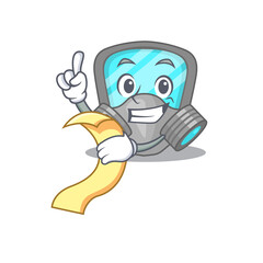 Respirator mask mascot character style with a menu on his hand