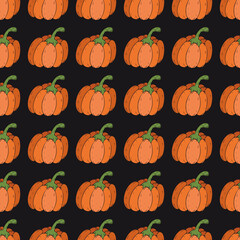 orange pumpkins against a dark background in geometric order, vector seamless pattern for halloween celebration in doodle style, color illustration